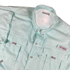 Columbia PFG Fishing Shirt Mens L/G Aqua Button Up Short Sleeve Omni Shade